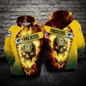 Green Bay Packers Skull Fire Full Printing 3D Hoodie All Over Printed