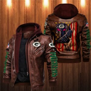 Green Bay Packers Leather Jacket Flag Skulls Gift For Fans Brown
